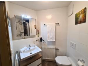 ein weißes Bad mit einem Waschbecken und einem WC in der Unterkunft Fewo 5 - Residenz Schauinsland, Sauna, E-Ladestation, Todtnauberg bei Feldberg in Todtnauberg