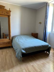 une chambre avec un lit et un miroir dans l'établissement LA VIEILLE AUBERGE, à Saint-Geniez-ô-Merle