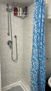 ein Bad mit einer Dusche mit einem blauen und weißen Duschvorhang in der Unterkunft La Dimora Segreta in Bitetto