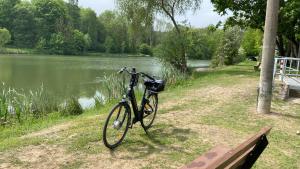 a bike parked next to a body of water at Große Monteur/ Ferienwohnung TMS 22 in Maintal