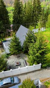 an aerial view of a house with trees and a yard at Pine Hill Poiana Marului in Poiana Mărului