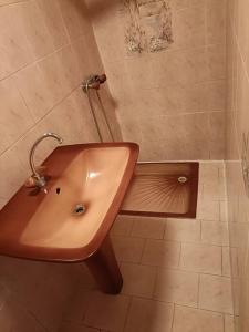 y baño con lavabo de cobre y ducha. en Studio in villa with parking and private garden, en Saint-Laurent-du-Var