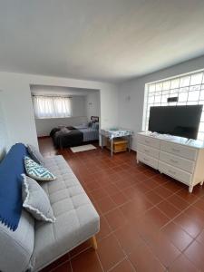 a living room with a couch and a television at Chalet Heliconia in Santa Cruz de Tenerife
