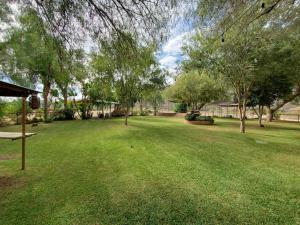 a park with trees and a bench in the grass at Casa Luna Viñedo in Valle de Guadalupe