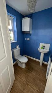 a blue bathroom with a toilet and a sink at San Pedro- Frigate Lodge in Kent