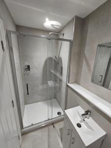 a bathroom with a shower and a sink at Spacious, modern 2-bedroom flat in Clifton in Bristol