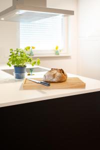 una hogaza de pan en una tabla de cortar en un mostrador de cocina en Sope Skylodge 08 - Gentuard's & Leandro's Weitblick - Oberried, Schauinsland, en Oberried