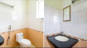 two pictures of a bathroom with a toilet and a mirror at Munnar Mount Shelt Hotel in Munnar