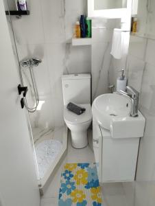 a white bathroom with a toilet and a sink at Λαμπερό Διαμέρισμα 1 in Thessaloniki