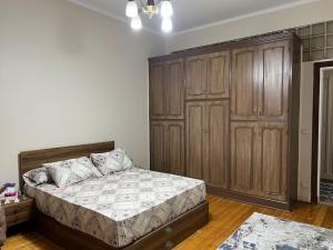 1 dormitorio con 1 cama y armarios de madera en Luxury apartment Downtown Cairo, en El Cairo