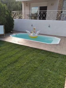 a small swimming pool with a toy in the middle of a yard at Cozy villa Vita Lagonisi in Kalívia Thorikoú