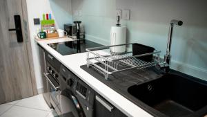 uma cozinha com um suporte para secar pratos numa máquina de lavar louça em Luxury Studio @Lennox Apartment Airport Accra em Acra