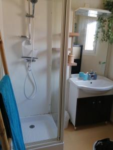 ein Bad mit einer Dusche und einem Waschbecken in der Unterkunft Villa Atlantis 4-8 pers super équipée proche océan in Soustons