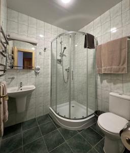 ein Bad mit einer Dusche, einem WC und einem Waschbecken in der Unterkunft Keta in Marijampolė