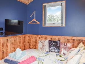 a bedroom with blue walls and a bed with a window at Badgers - Uk46750 in Herstmonceux