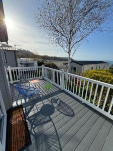 a deck with a table and a chair on it at Sea La Vie Lodge in New Quay
