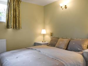 a bedroom with a bed with a lamp and a window at The Coach House Annexe in Tilston