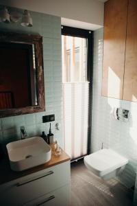 Un baño con lavabo, inodoro y espejo. en Krańcówka Szczyrk Górna, en Szczyrk 24 fotos más