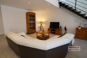 a living room with a couch and a tv at Sublime Loft de 130m climatisé au calme in Vias