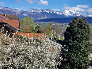 uma vista para as montanhas nevadas de uma casa com árvores em Chambre d'hôtes Lovagny em Lovagny