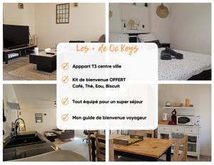un collage de fotos de una cocina y una sala de estar en La remise des Copains 2 chambres avec Clim OcKeys, en Limoux
