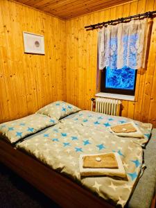 ein Bett in einem Schlafzimmer aus Holz mit einem Fenster in der Unterkunft Bouda Bílé Labe in Špindlerův Mlýn