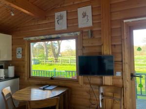 a room with a tv and a table and a window at Holme Woodmans Lodge in Holme