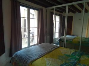 ein Schlafzimmer mit einem Bett und einem großen Fenster in der Unterkunft L'appartement florentin in Saint-Germain-en-Laye
