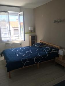 een slaapkamer met een bed met een blauw dekbed en een raam bij Maison avec jacuzzi in Saintes