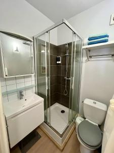 a bathroom with a shower and a toilet and a sink at Joli appartement plein centre ville in Gérardmer