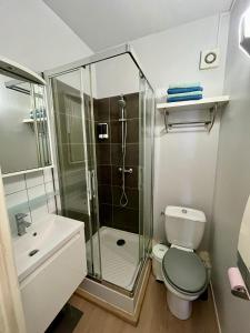 a bathroom with a shower and a toilet and a sink at Joli appartement plein centre ville in Gérardmer