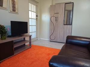 a living room with a couch and a television at Serene on 5 Cologne in Germiston