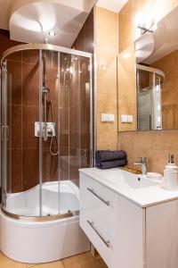 ein Bad mit einer Dusche und einem weißen Waschbecken in der Unterkunft Wrocław Apartment - Balcony, Park and Tram nearby - by Rentujemy in Breslau