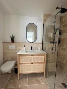 ein Badezimmer mit einem Waschbecken, einem WC und einem Spiegel in der Unterkunft Great Room 29 in Mérignac