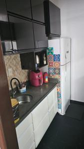 a small kitchen with a sink and a refrigerator at Apartamento Flat Palladium completo e mobiliado in São Vicente +7 photos