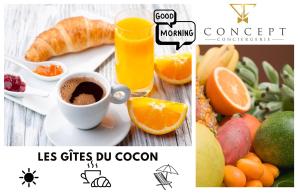 eine Collage mit Bildern eines Frühstücks mit Orangen und Orangensaft in der Unterkunft les gites du cocon in Cadet
