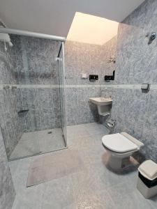 y baño con ducha, aseo y lavamanos. en Casa Grande Familia, en Brasilia