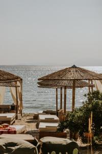 a beach with chairs and umbrellas and the ocean at Ergon Beach House Nikiti in Nikiti