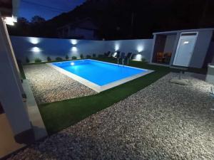 a swimming pool in a backyard at night at Sasha Apartment and Swimming Pool in Gornje Selo +18 photos