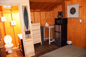 a bathroom with a refrigerator and a sink in a cabin at Footprints Resort in Bancroft