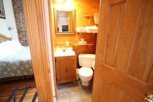 uma casa de banho com um WC, um lavatório e um espelho. em B&B de la Fontaine em Cidade de Quebec
