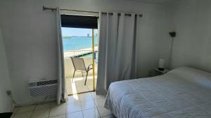 a bedroom with a bed and a view of the ocean at Bayfront Apartment Breathtaking Views- one bedroom w balcony- living room -Free Parking in Miami Beach