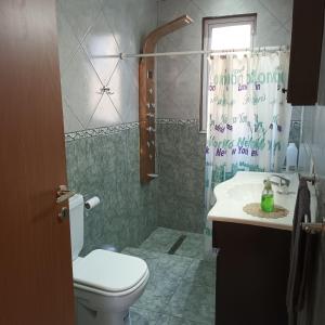 uma casa de banho com um WC, um chuveiro e um lavatório. em El sueño del flaco em San Martín de los Andes