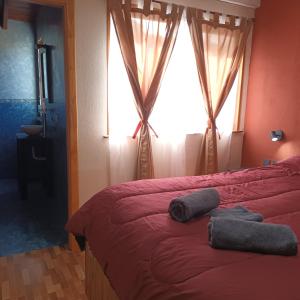um quarto com uma cama com lençóis vermelhos e uma janela em El sueño del flaco em San Martín de los Andes