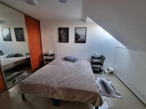 1 dormitorio con 1 cama y escalera en Turecka 49 en Nové Zámky