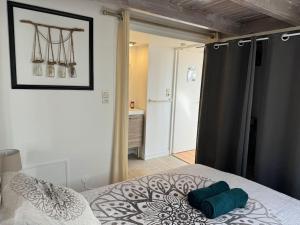 ein Schlafzimmer mit einem Bett mit zwei Kissen darauf in der Unterkunft ღ L'Entr'Act • Au cœur de ville et du vieux Port in La Rochelle