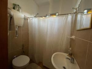 uma casa de banho com um WC, um lavatório e um chuveiro em Cómodo apartamento en Minas, con amplio fondo y entrada para vehículo em Minas