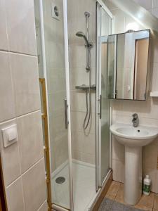 a bathroom with a shower and a sink at La vue secrete de Neauphle in Neauphle-le-Château