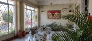 a living room with plants and a couch and windows at Downtown São Lourenço: Comfort and Convenience in São Lourenço