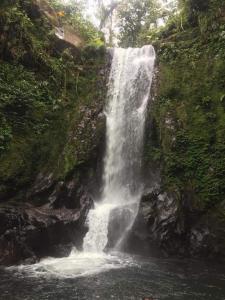 a waterfall on the side of a mountain with water at Refugio del Bosque CABAÑAS Y GLAMPING in Guácimo